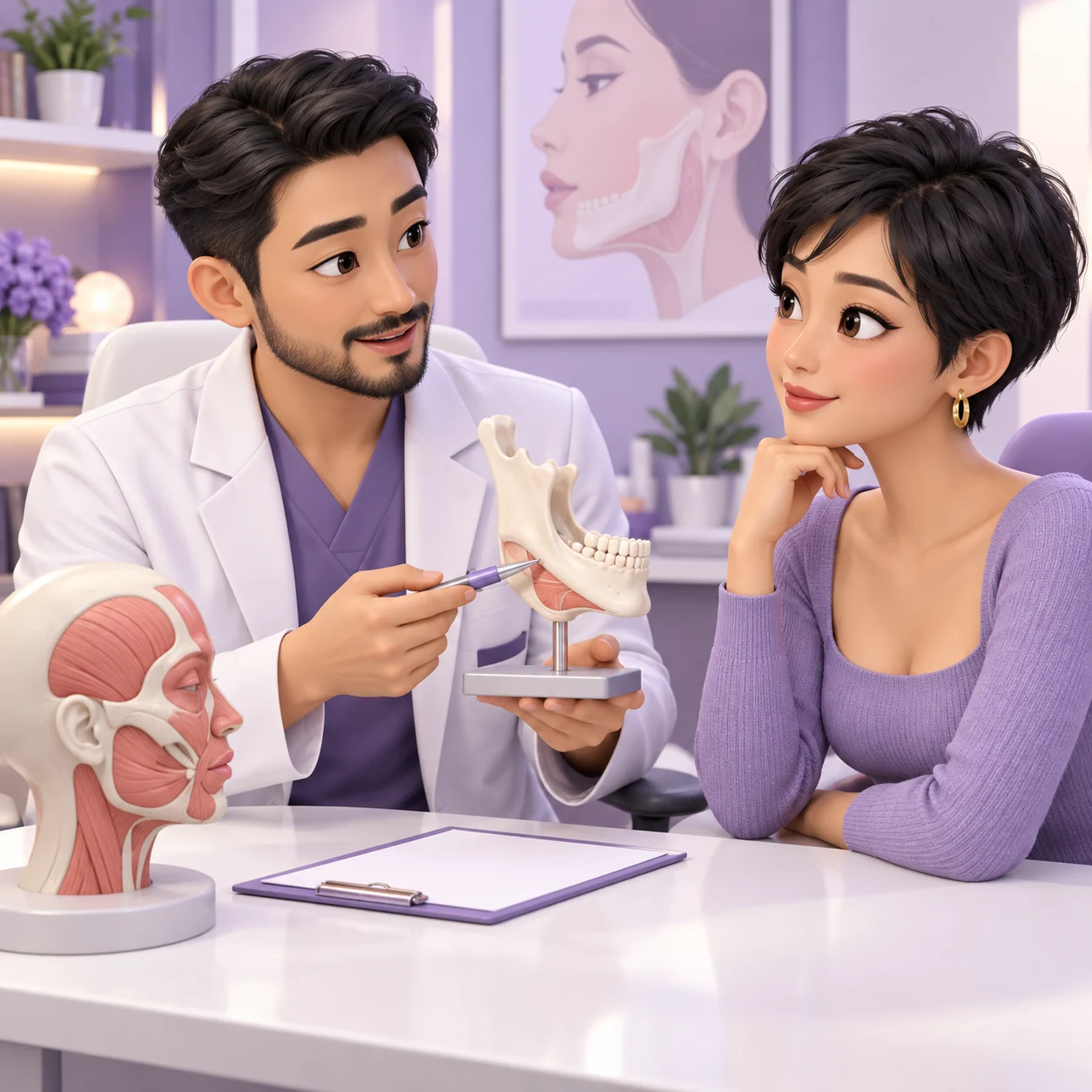 Kartun 3D pesakit dewasa dan klinisian mempelajari Juvéderm Volux