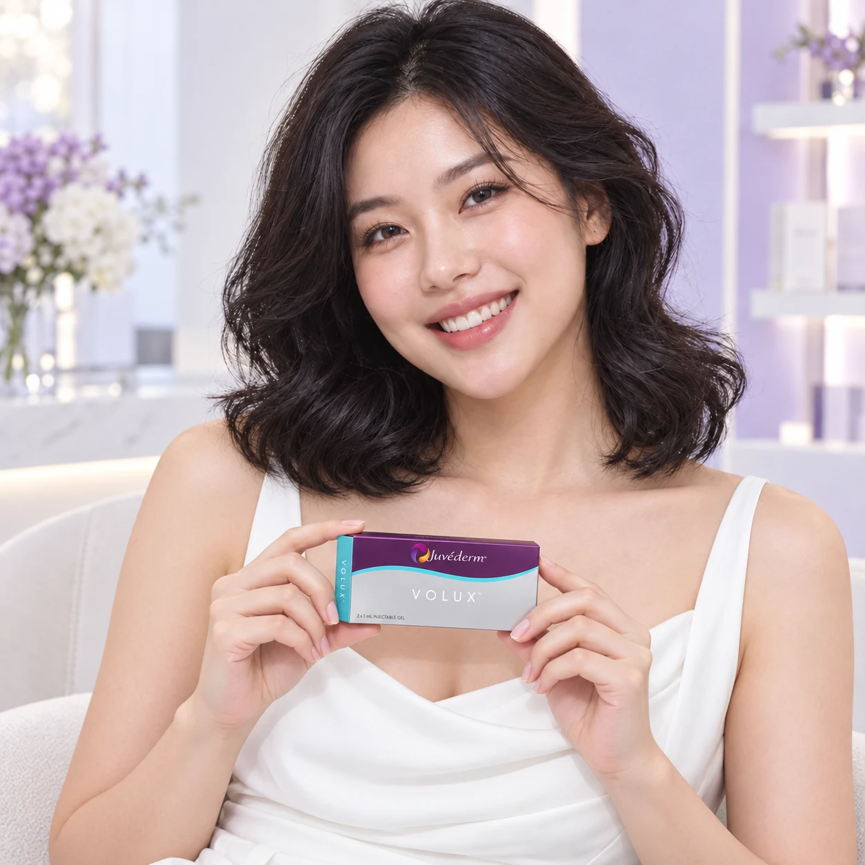 Model dewasa berbeza memegang produk Juvéderm Volux