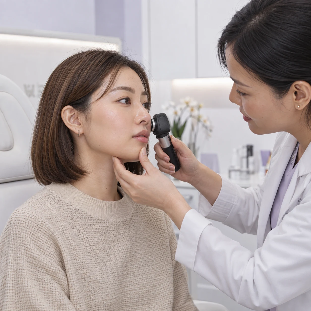 医生与成年顾客讨论 Cellbooster Lift 及肤质