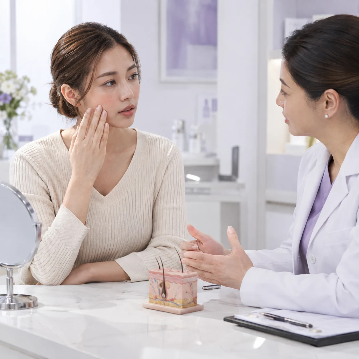 Adult patient discussing Cellbooster Lift consultation and follow-up at Eco Botanic
