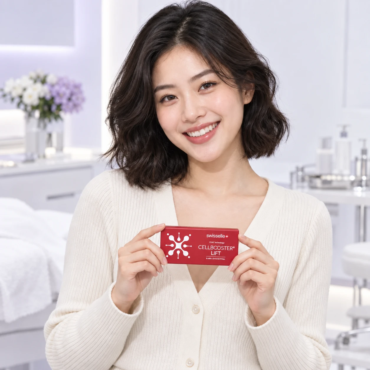 另一位成年模特手持 Cellbooster Lift 产品