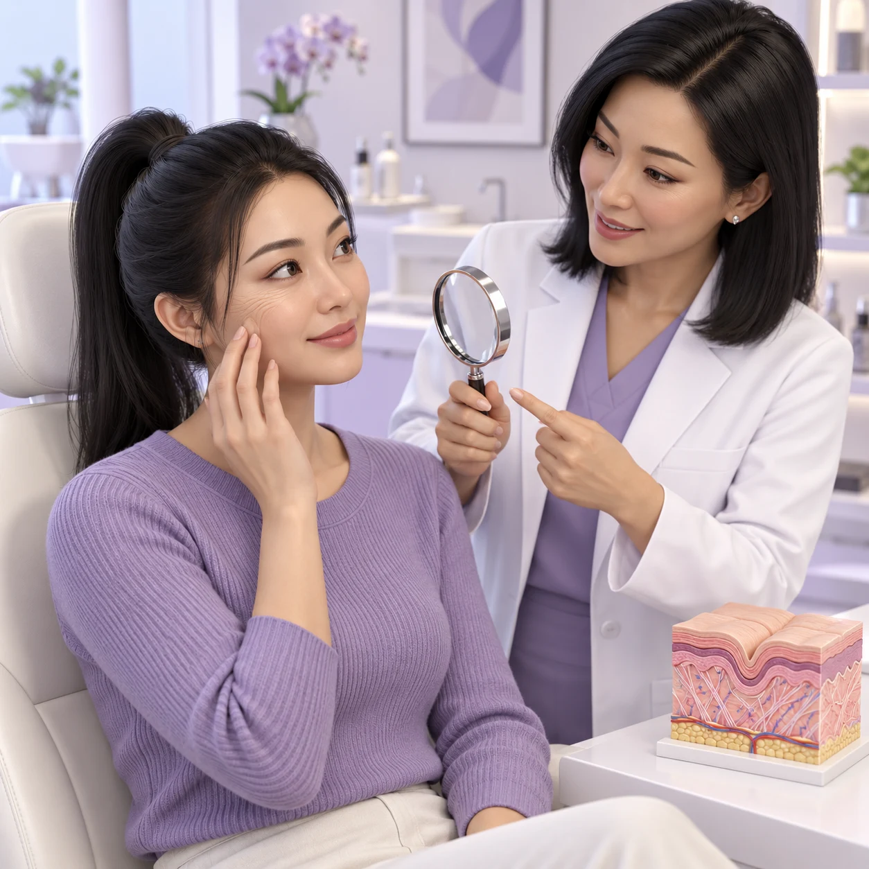 Ilustrasi 3D pelanggan dewasa dan doktor mempelajari Plenhyage XL Medium