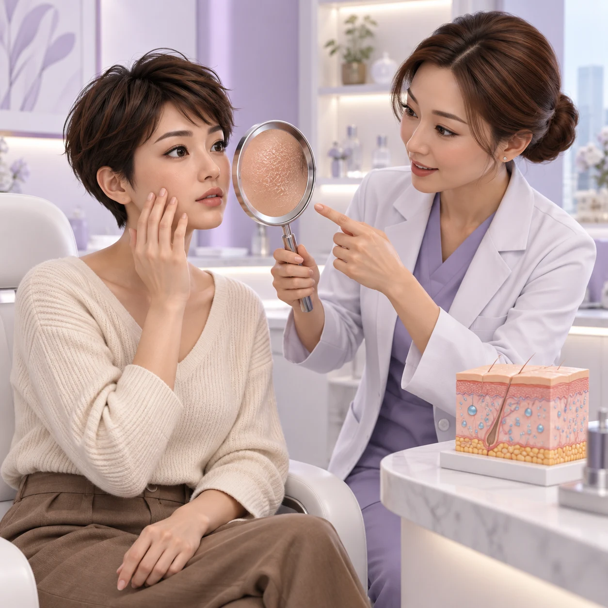 成年患者與醫生了解 Mesohyal NCTC 109 的三維卡通圖
