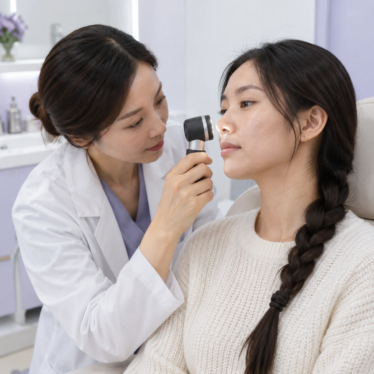 Clinician discussing NEWEST (Mastelli) and an adult patient’s skin texture