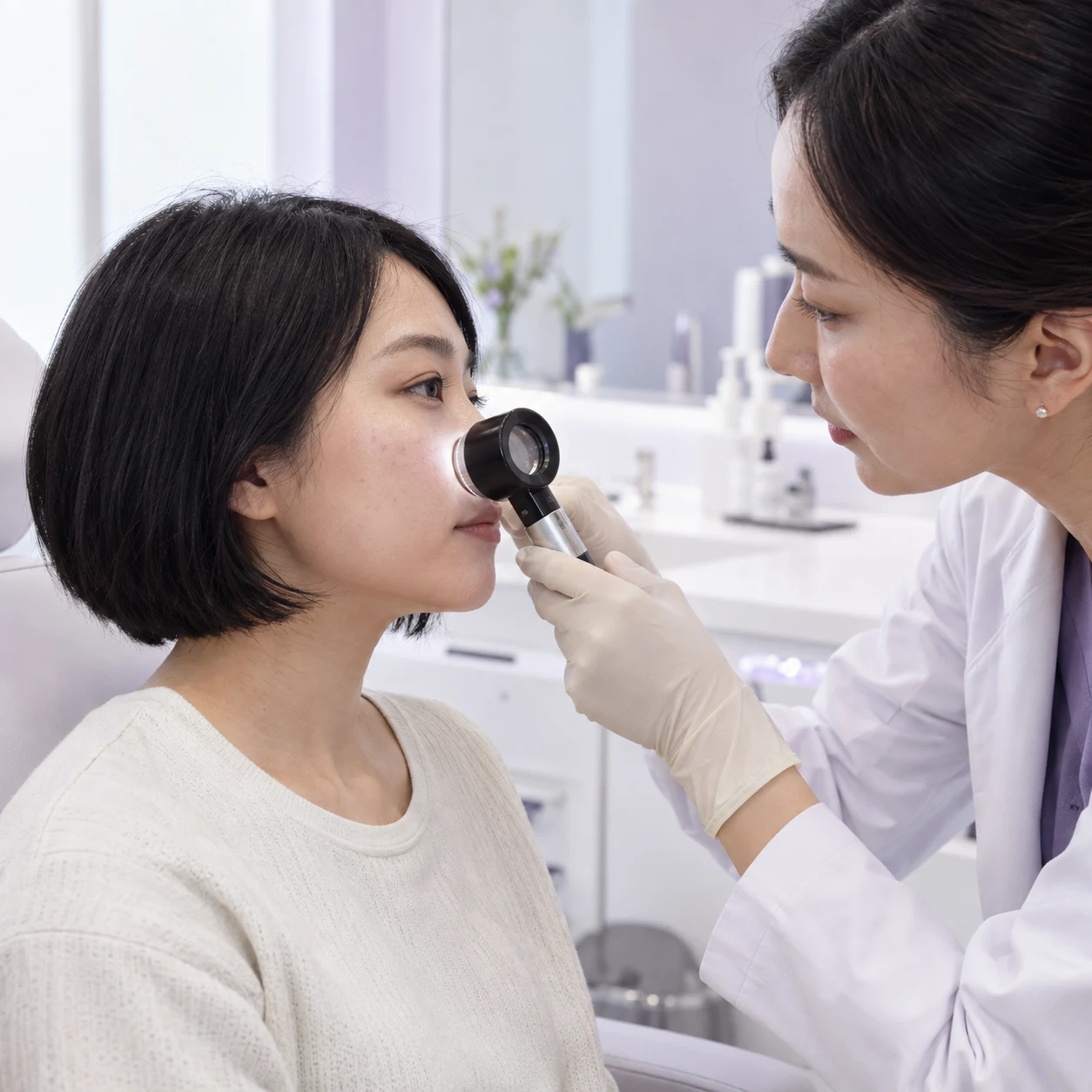 Clinician discussing Rejuran PN / PDRN and an adult patient’s skin texture