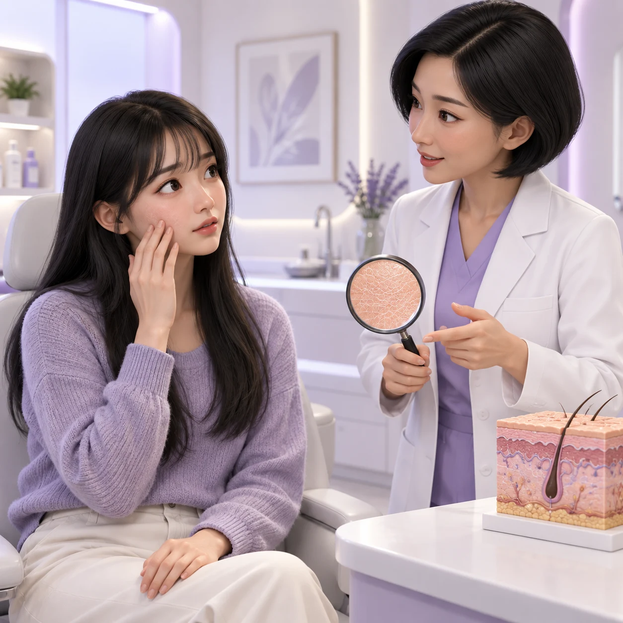 3D cartoon of an adult patient and clinician learning about Rejuran PN / PDRN