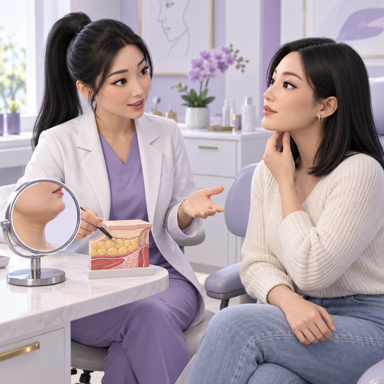 3D cartoon of an adult patient and clinician learning about Cellbooster Shape