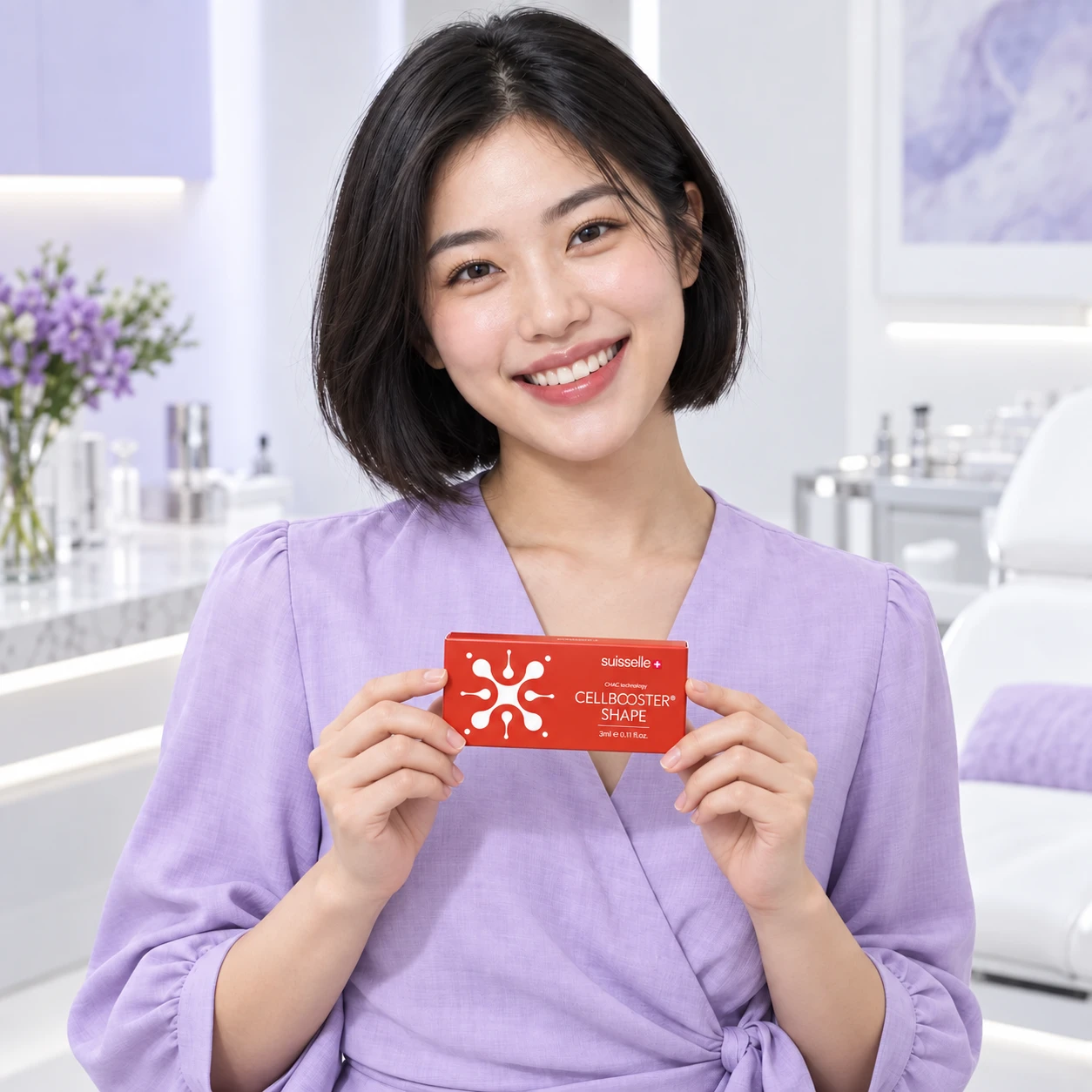 另一位成年模特手持 Cellbooster Shape 產品