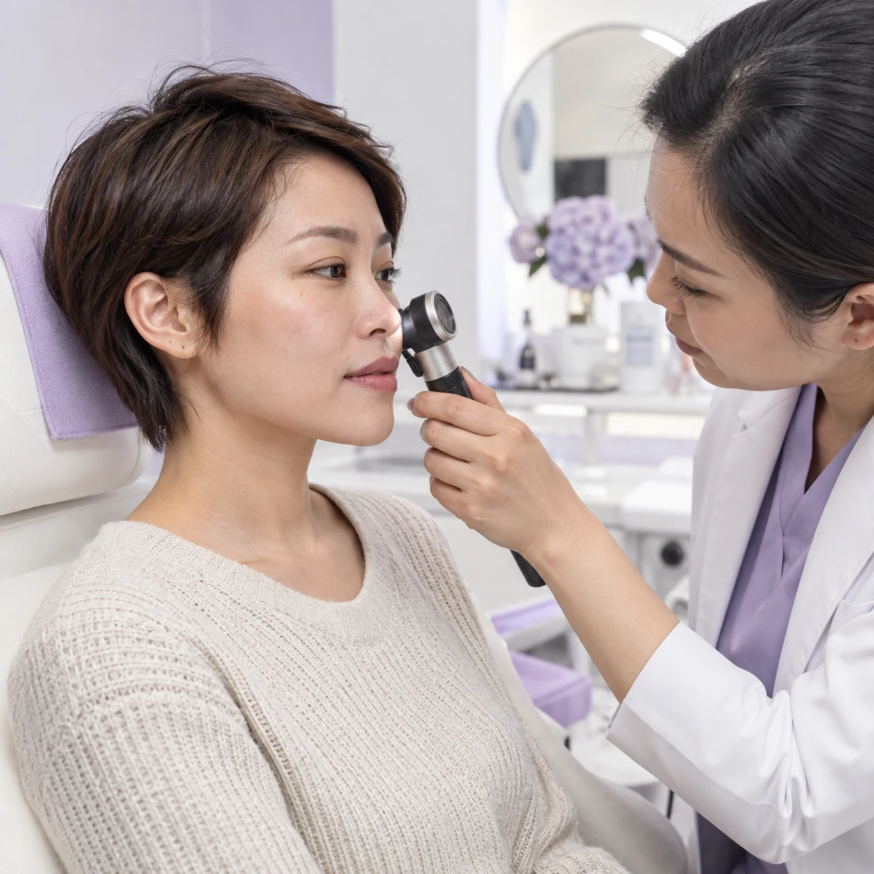 Clinician discussing Plenhyage XL Strong and an adult patient’s skin texture