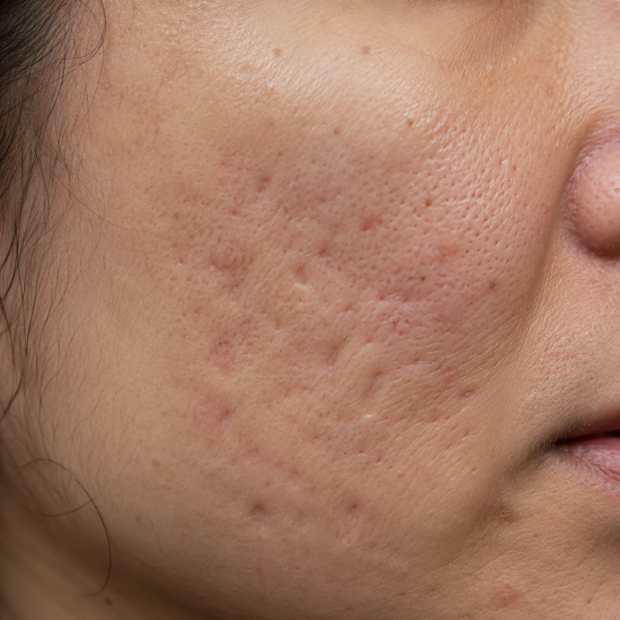 Close-up of depressed cheek scars