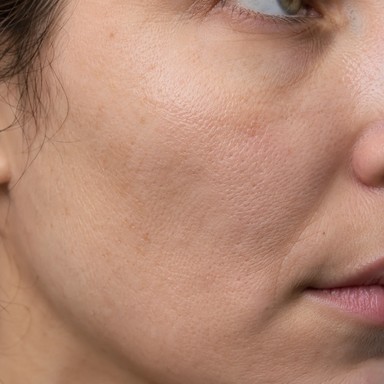 Close-up of crepey cheek texture