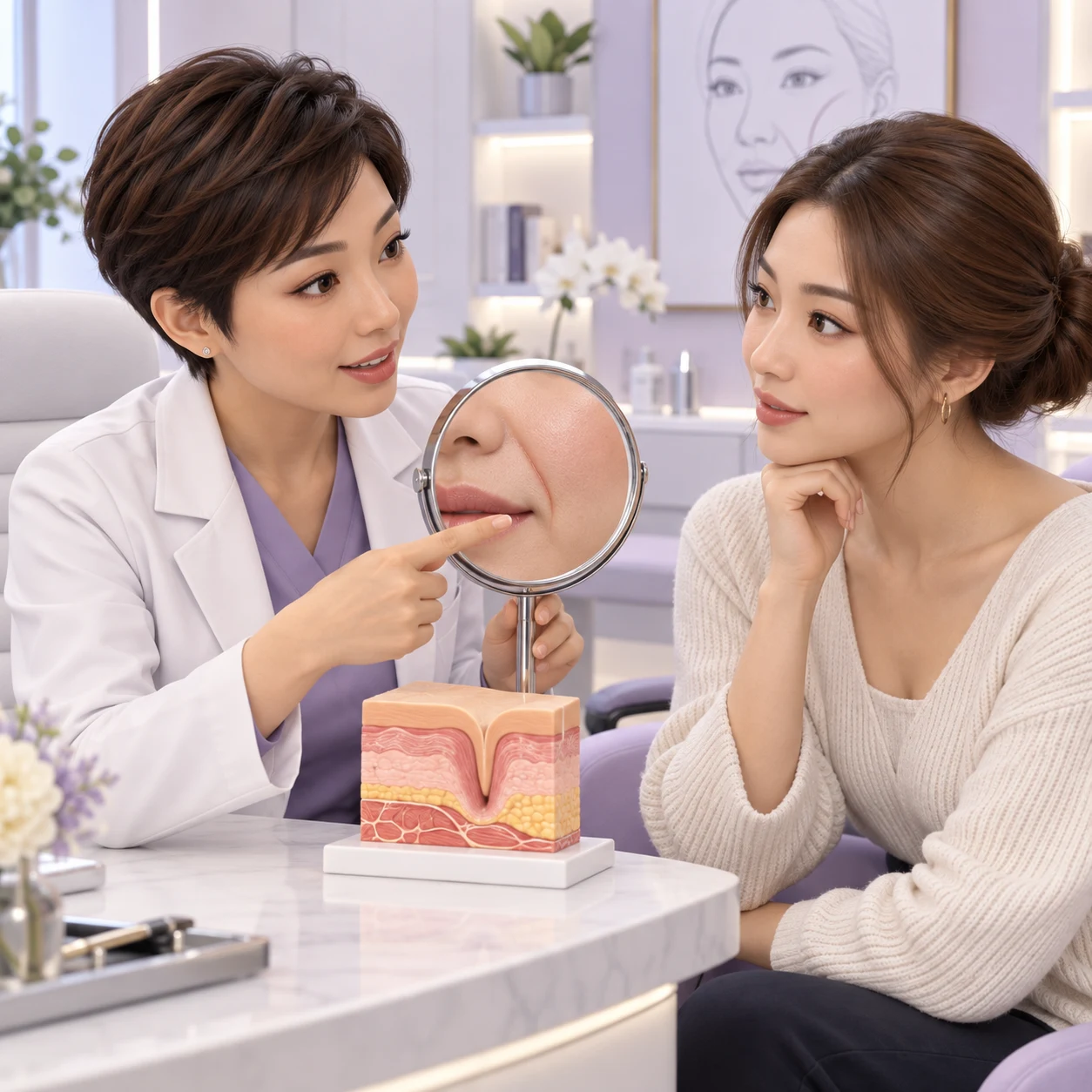 3D cartoon of an adult patient and clinician learning about Plenhyage XL Strong