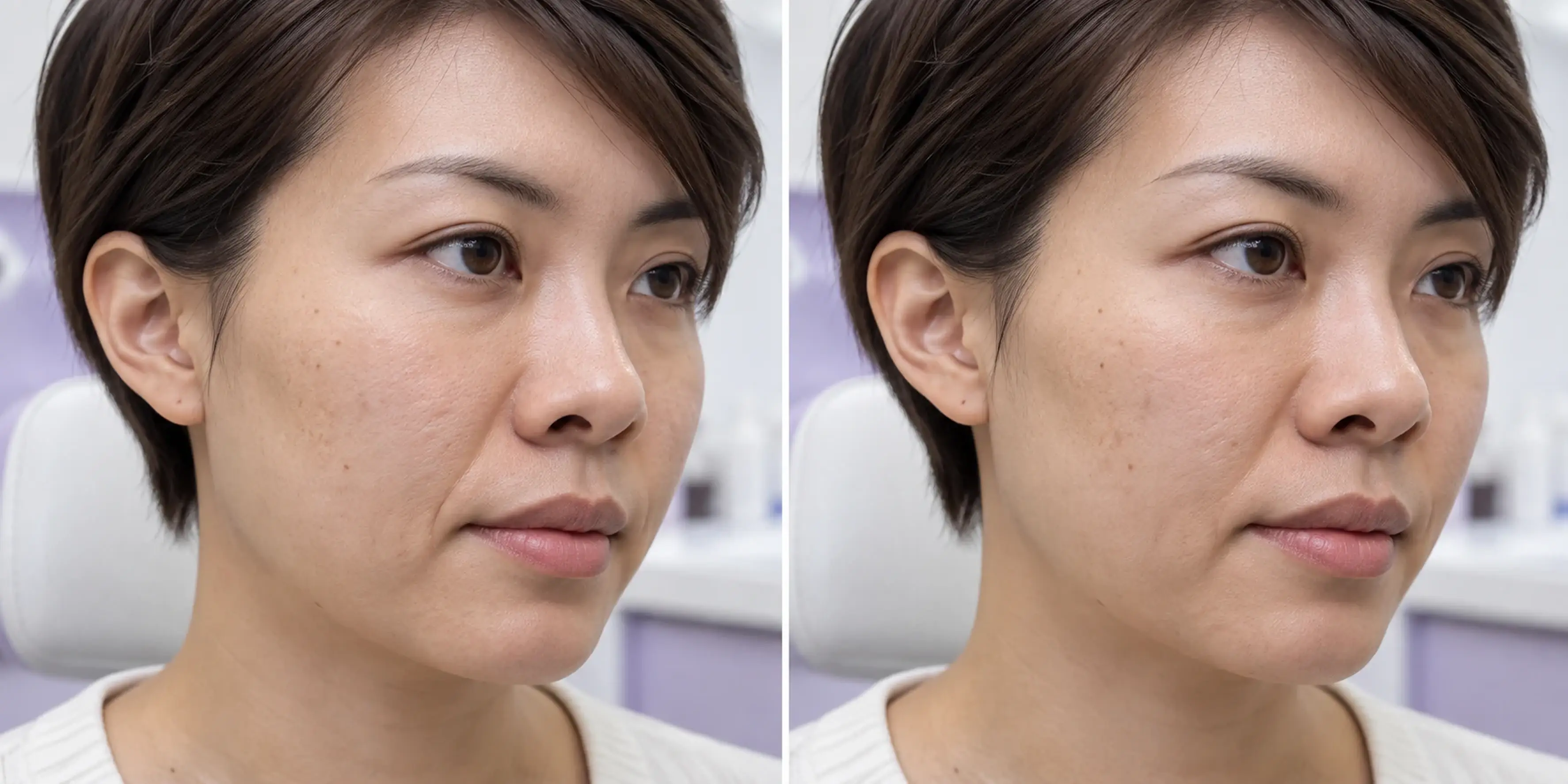 Simulated subtle skin texture change in an adult face