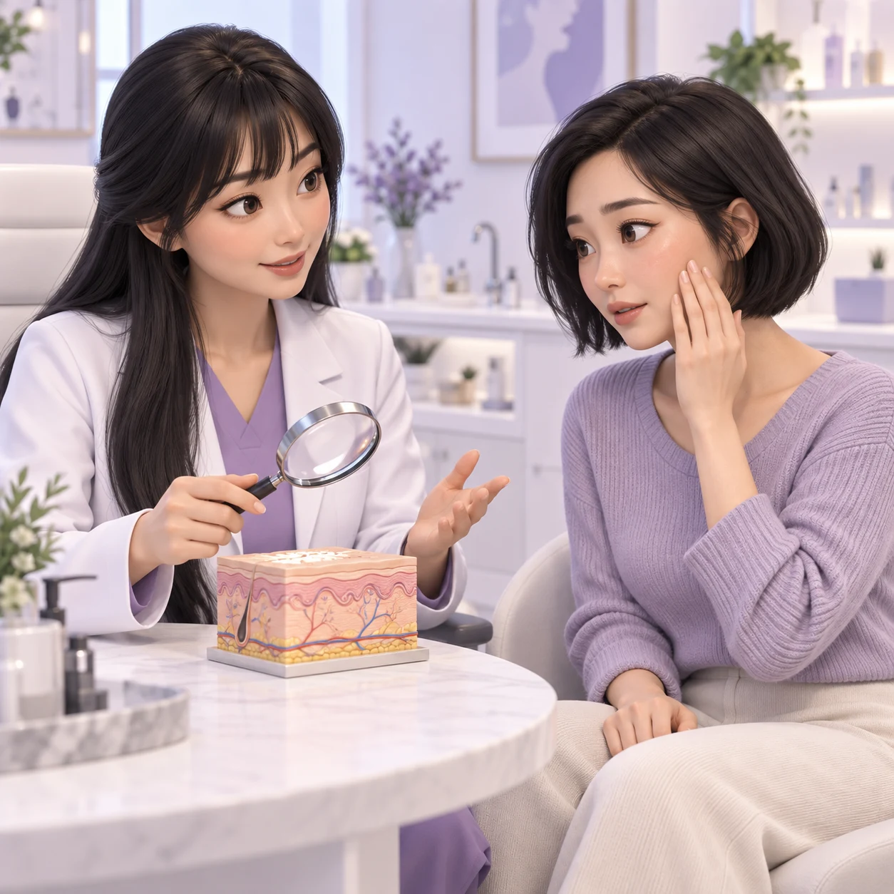 成年顧客與醫生學習Xela Rederm 1.8%重點的 3D 圖