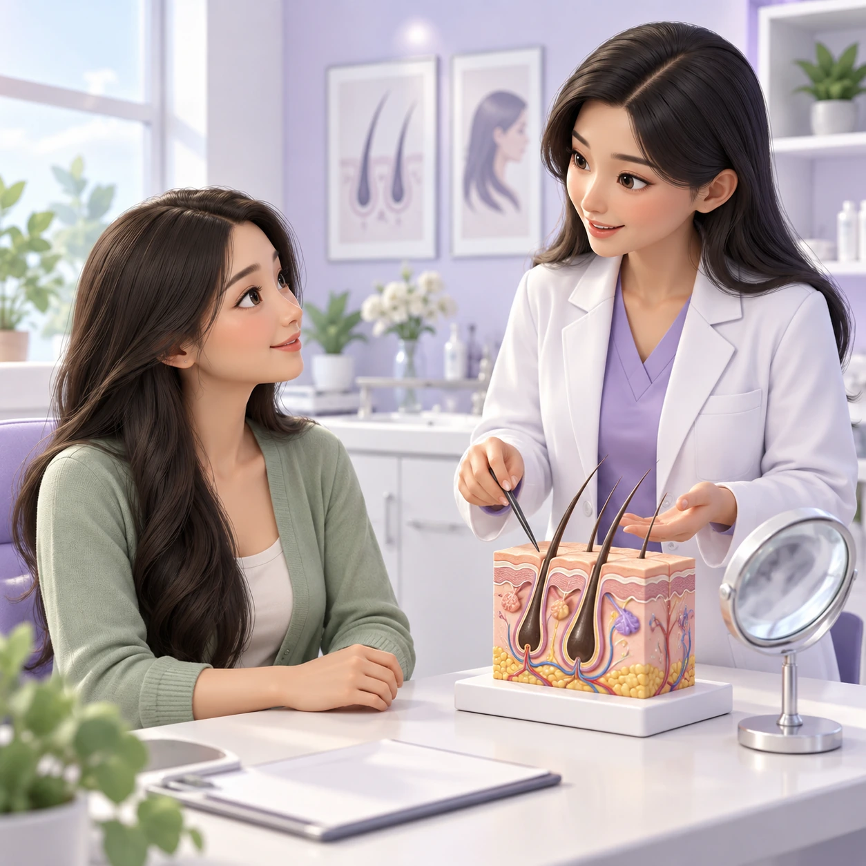 3D cartoon of an adult patient and clinician learning about Cellbooster Hair