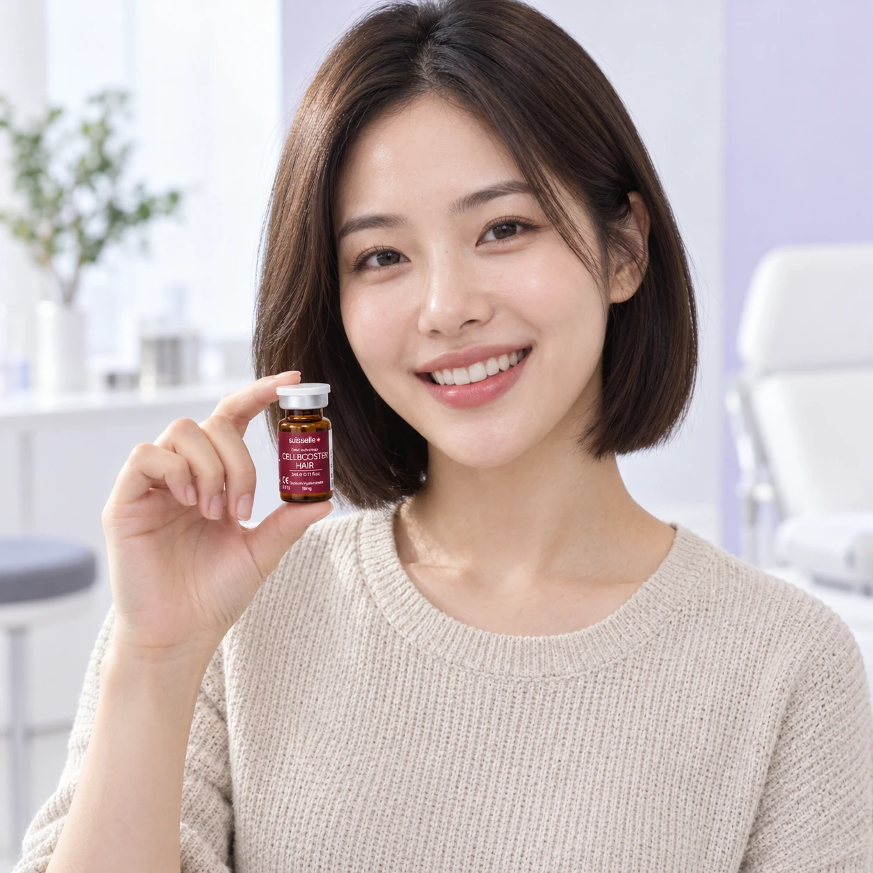 另一位成年模特手持 Cellbooster Hair 頭皮產品