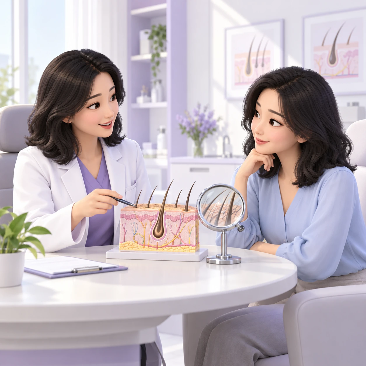 成年顾客与医生学习DR.CYJ Hair Filler重点的 3D 图