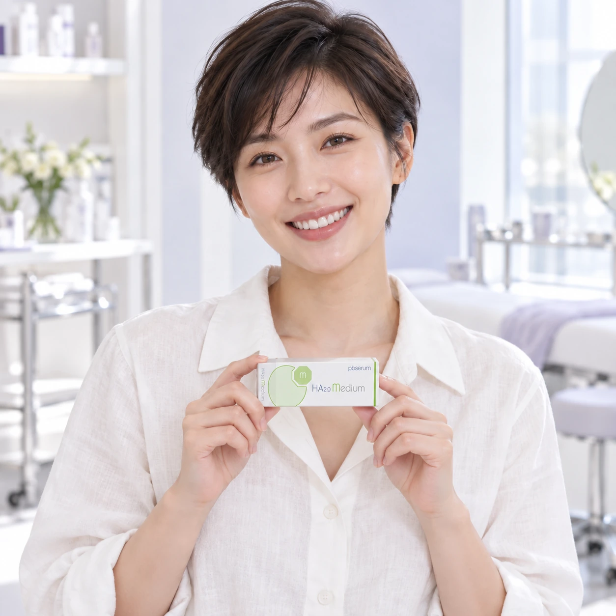 Model dewasa mempersembahkan produk PBSerum HA Medium dan High