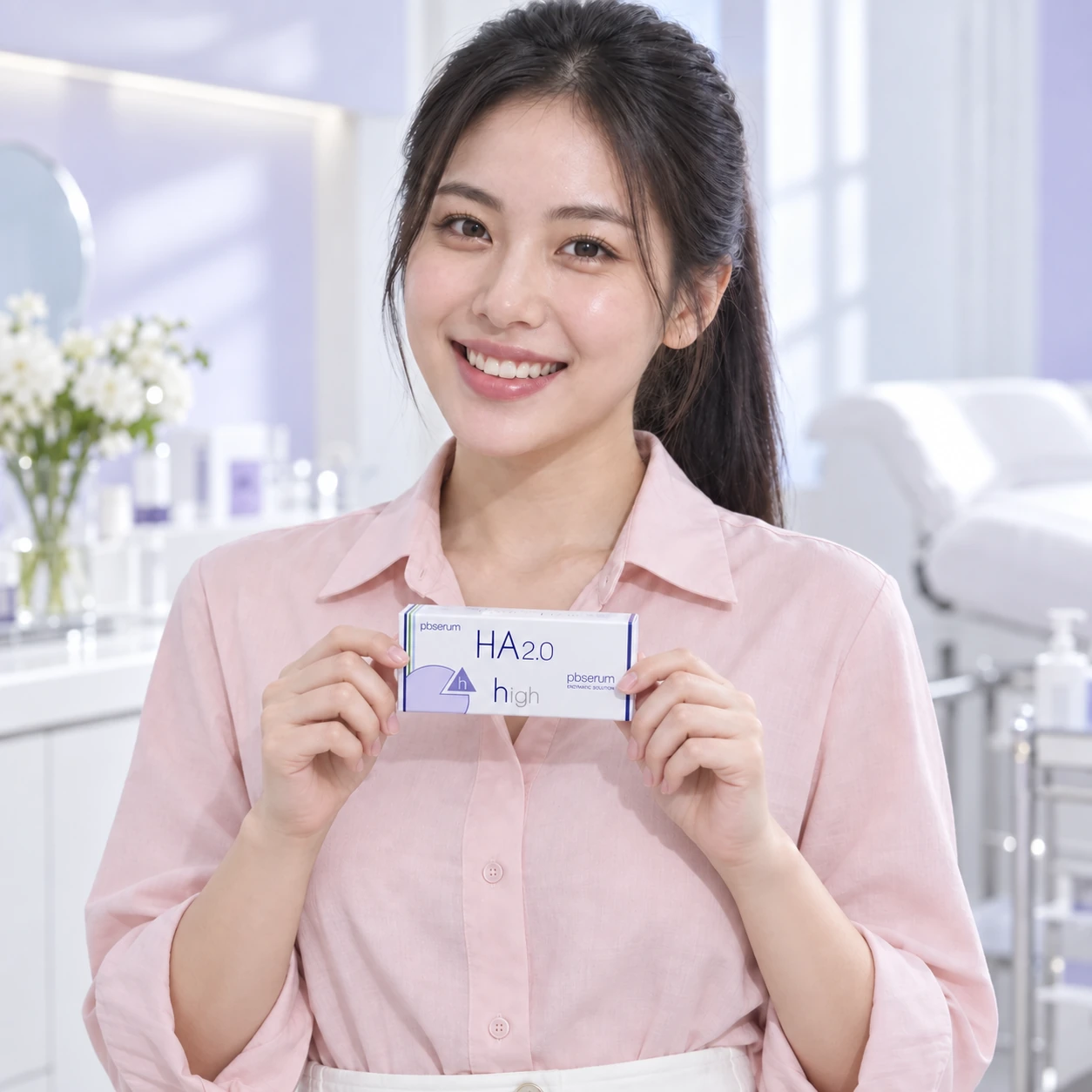 Model dewasa lain memegang produk PBSerum HA Medium dan High