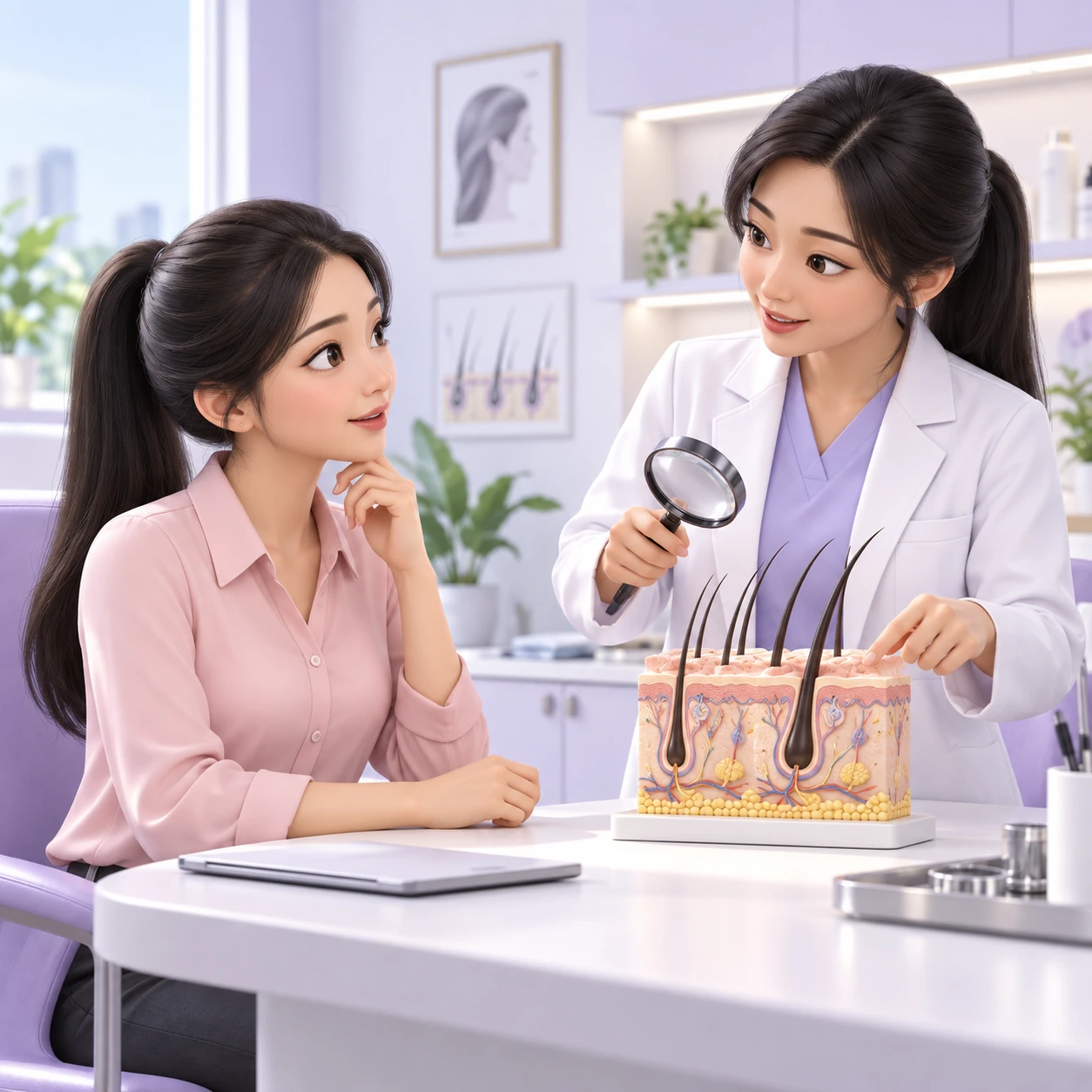 成年患者与临床人员学习 Plinest Hair 的三维卡通图