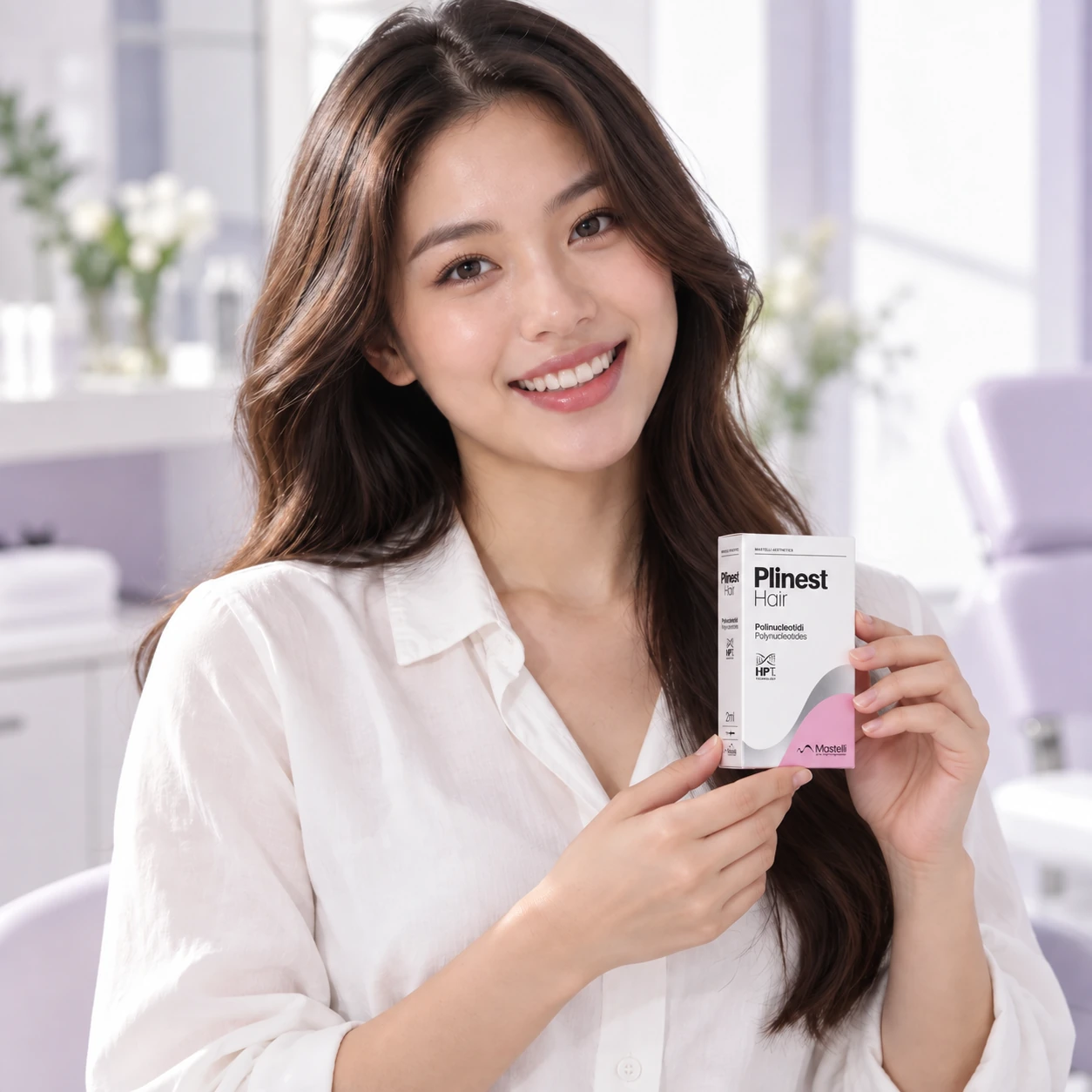 另一位拿着 Plinest Hair 头皮产品的成年模特