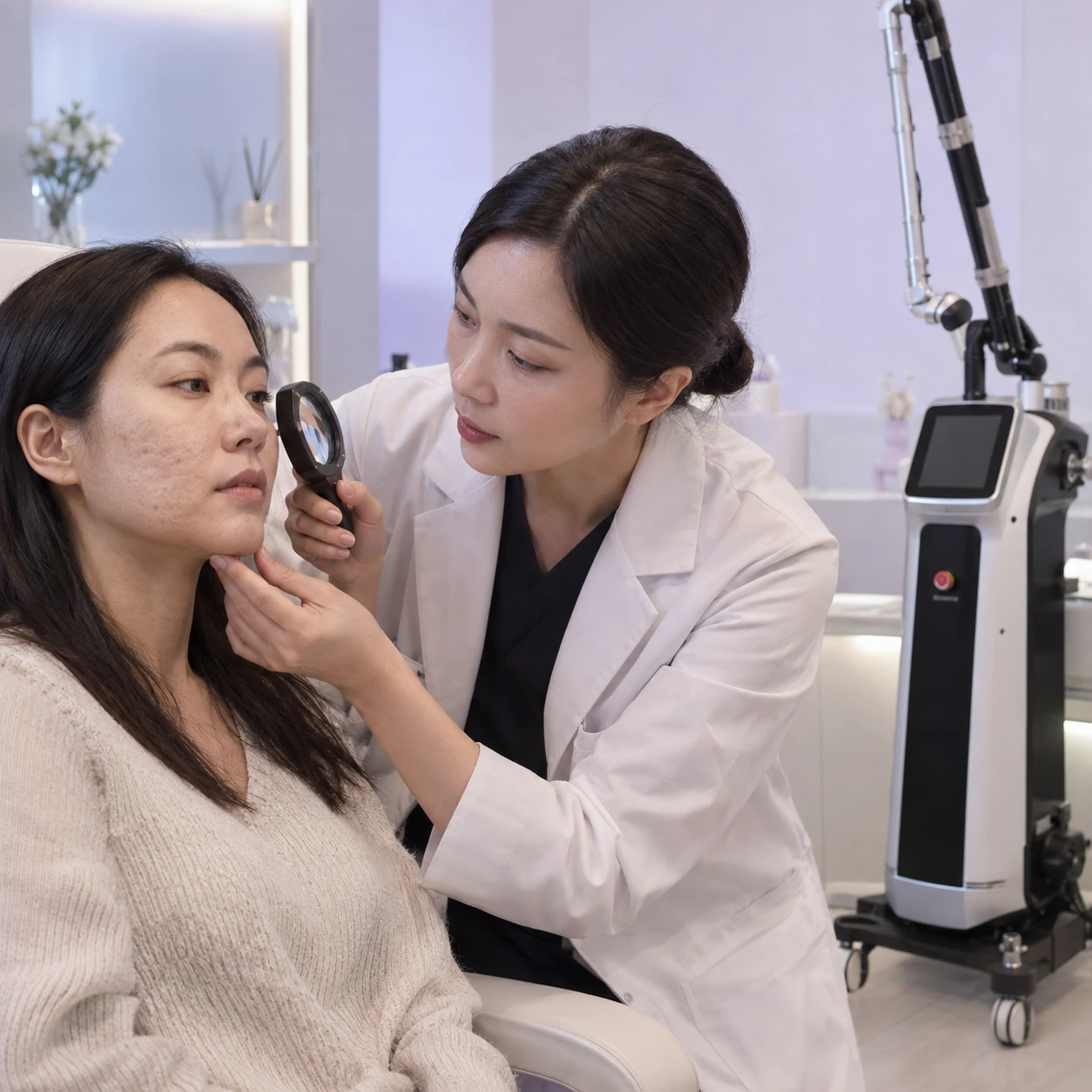 Clinician assessing selected scars, texture and fine lines in an adult patient