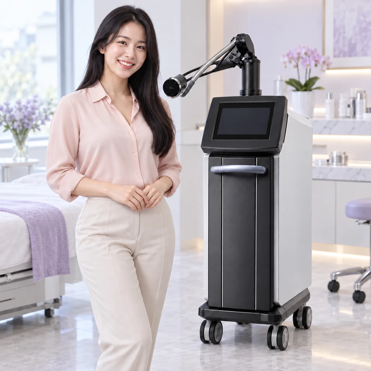 Adult model beside Fractional CO₂ Laser equipment