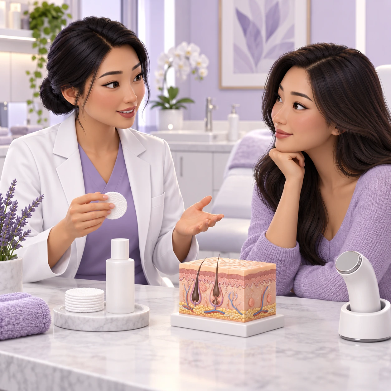 成年顧客與醫生學習專業醫學美容護理重點的 3D 圖