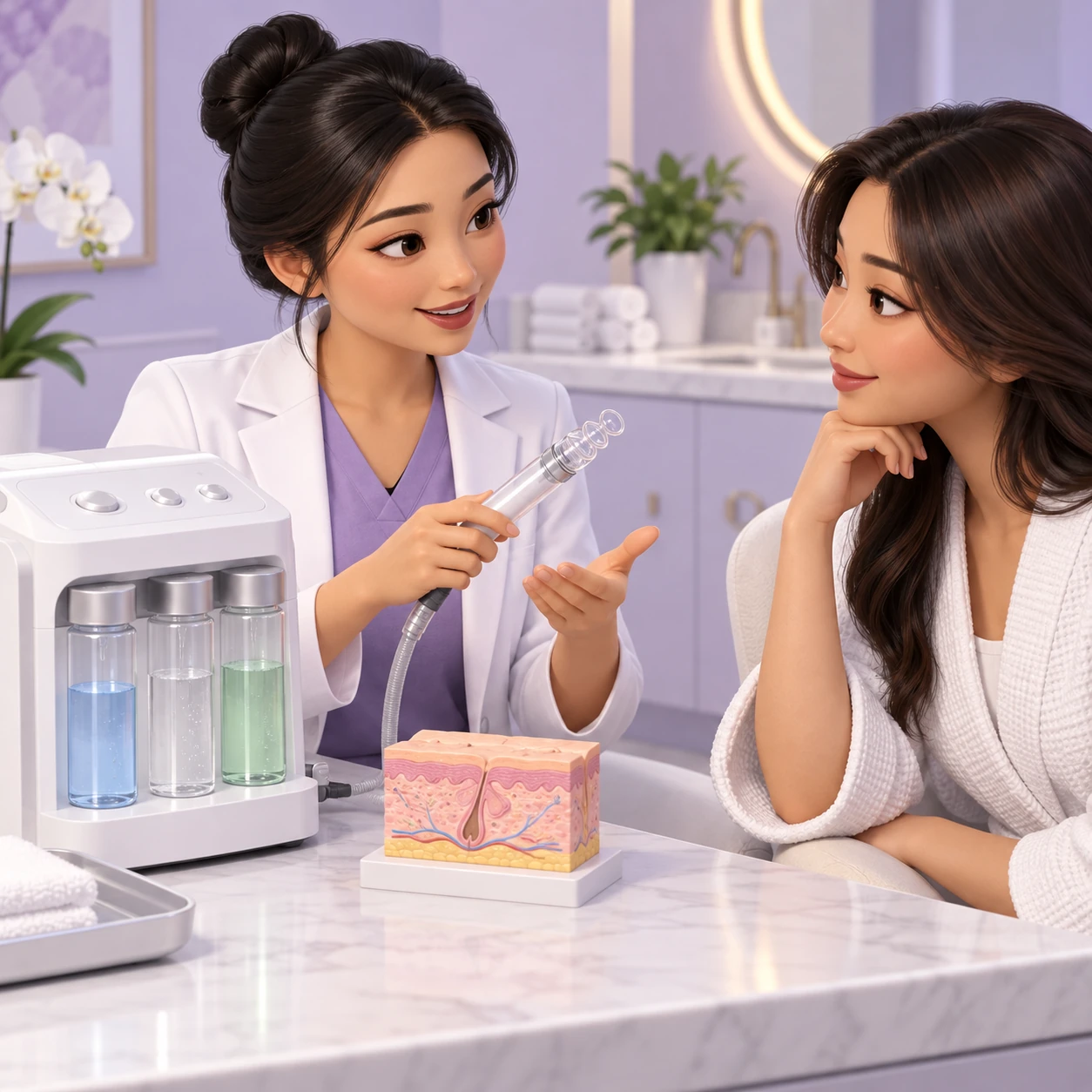 3D cartoon of an adult patient and clinician learning about Hydrodermabrasion Facial