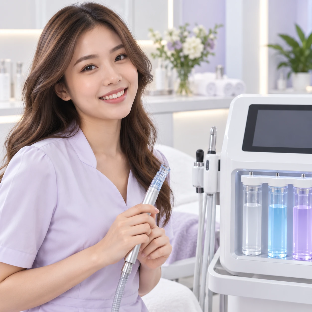 Adult model presenting hydrodermabrasion equipment