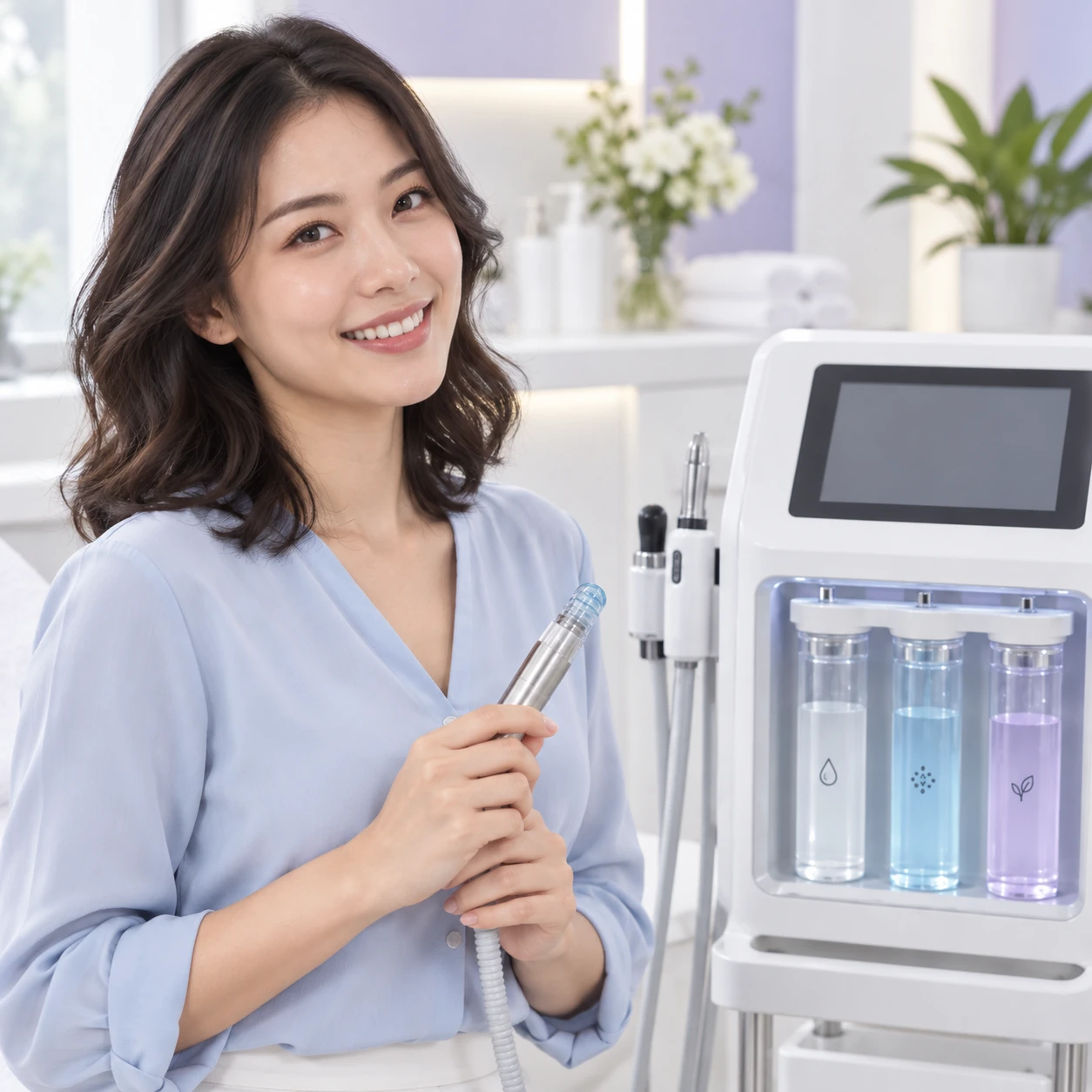 A different adult model holding hydrodermabrasion equipment