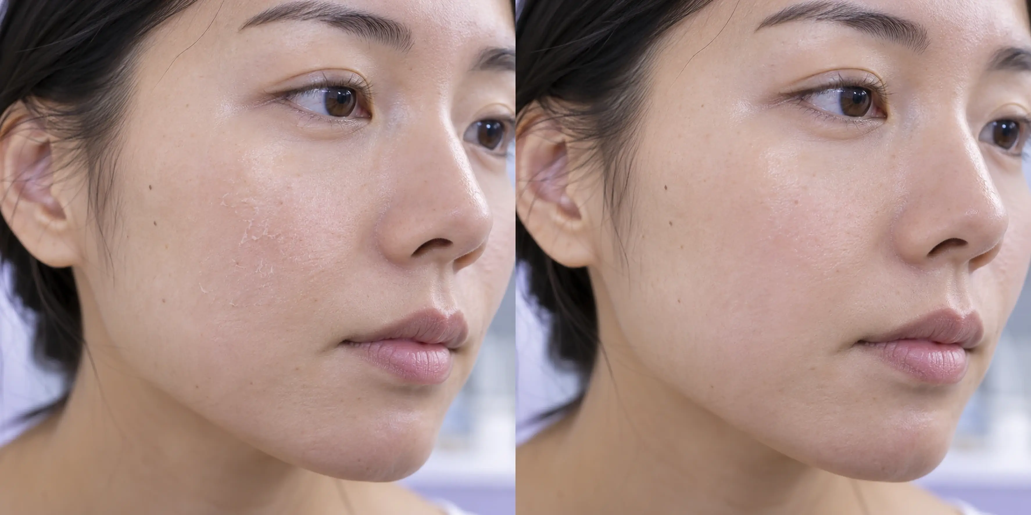 Simulated subtle dry surface texture change in an adult face