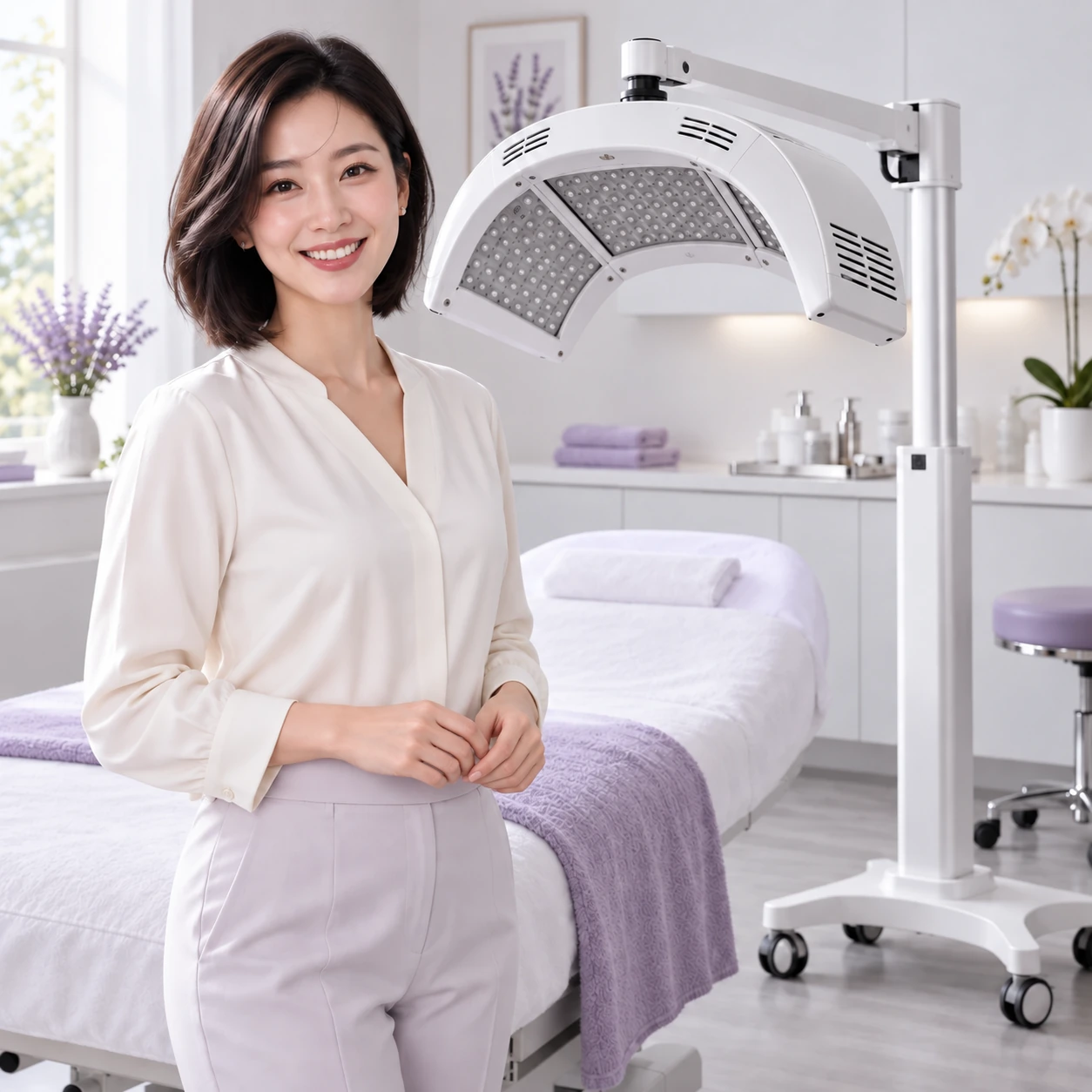 Model dewasa di sebelah peralatan PDT & Cahaya LED