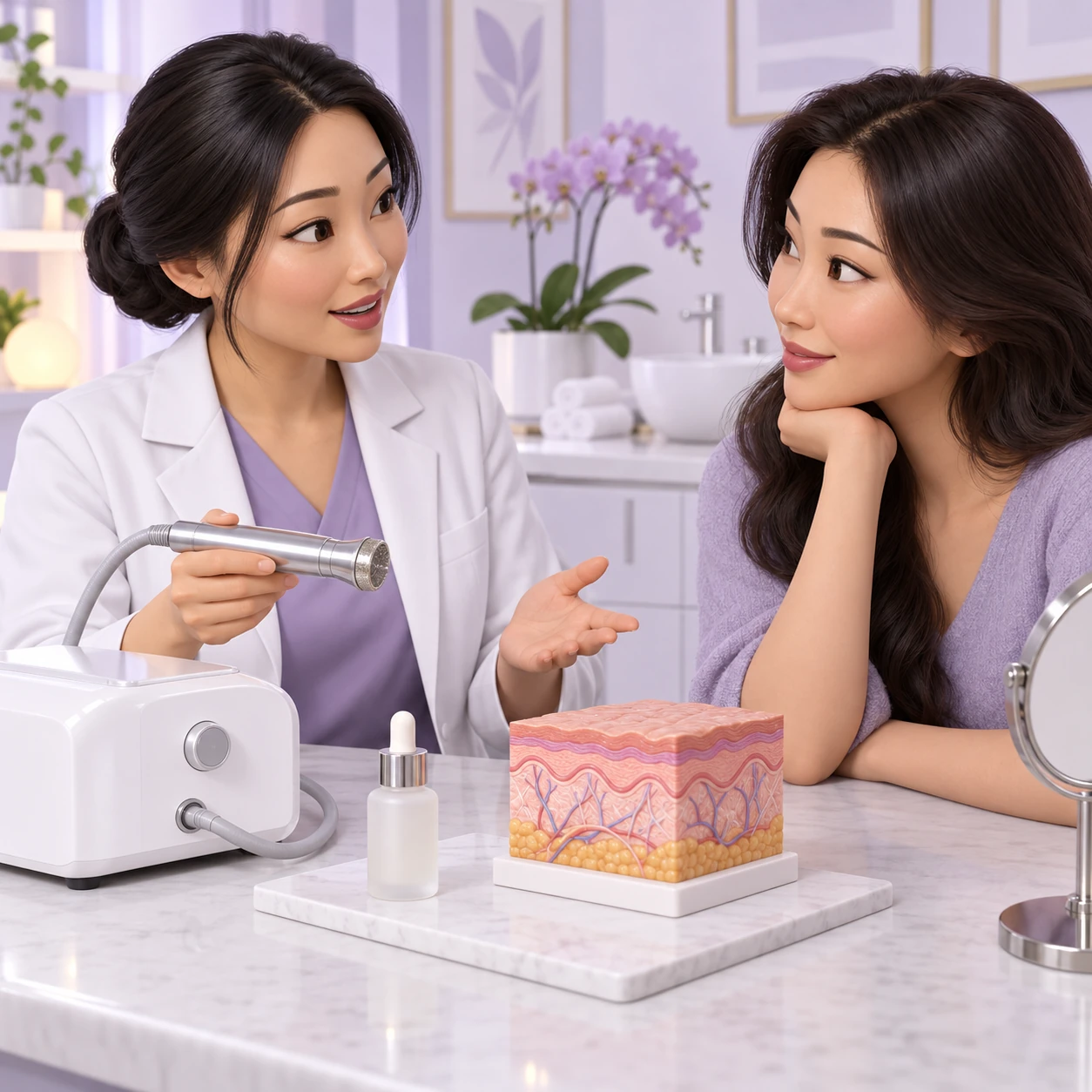 成年顧客與醫生學習微晶磨皮與精華護理重點的 3D 圖