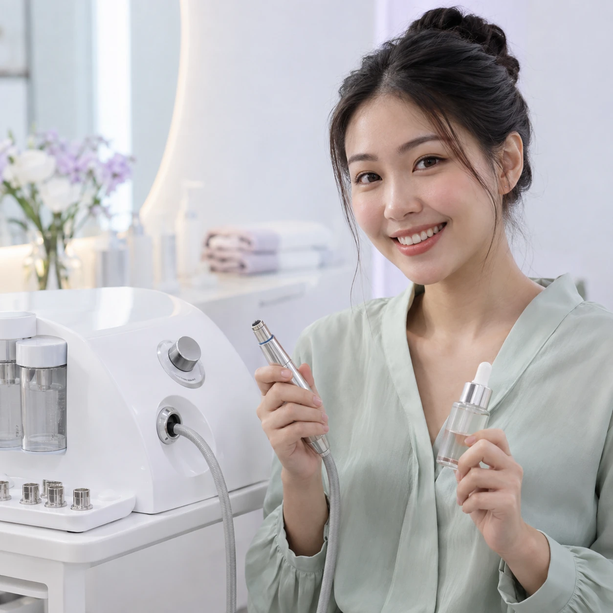 成年模特 展示表層去角質儀器與精華