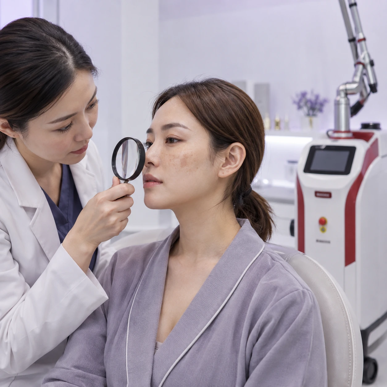 Clinician assessing selected pigmentation and skin texture in an adult patient