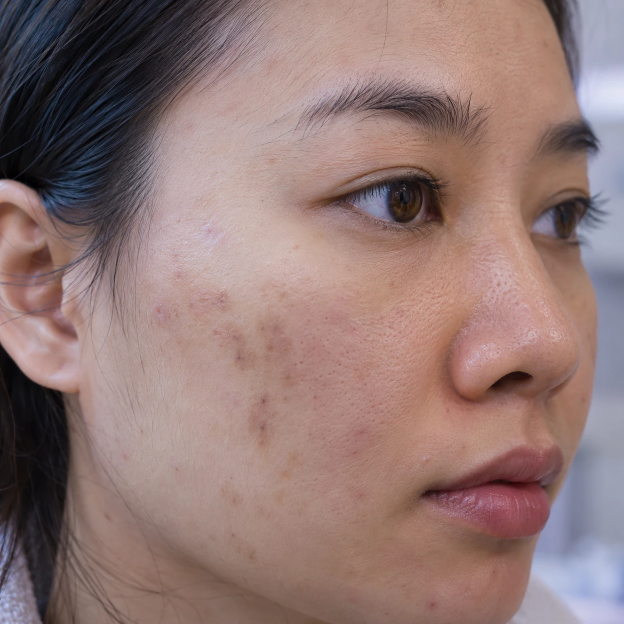 Close-up of post-acne marks