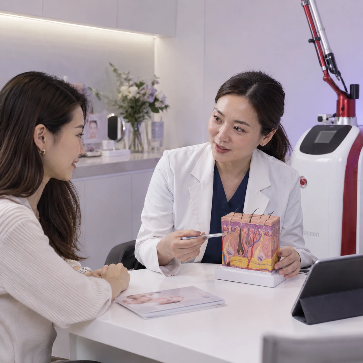 Adult patient discussing Pico Laser consultation and follow-up at Eco Botanic