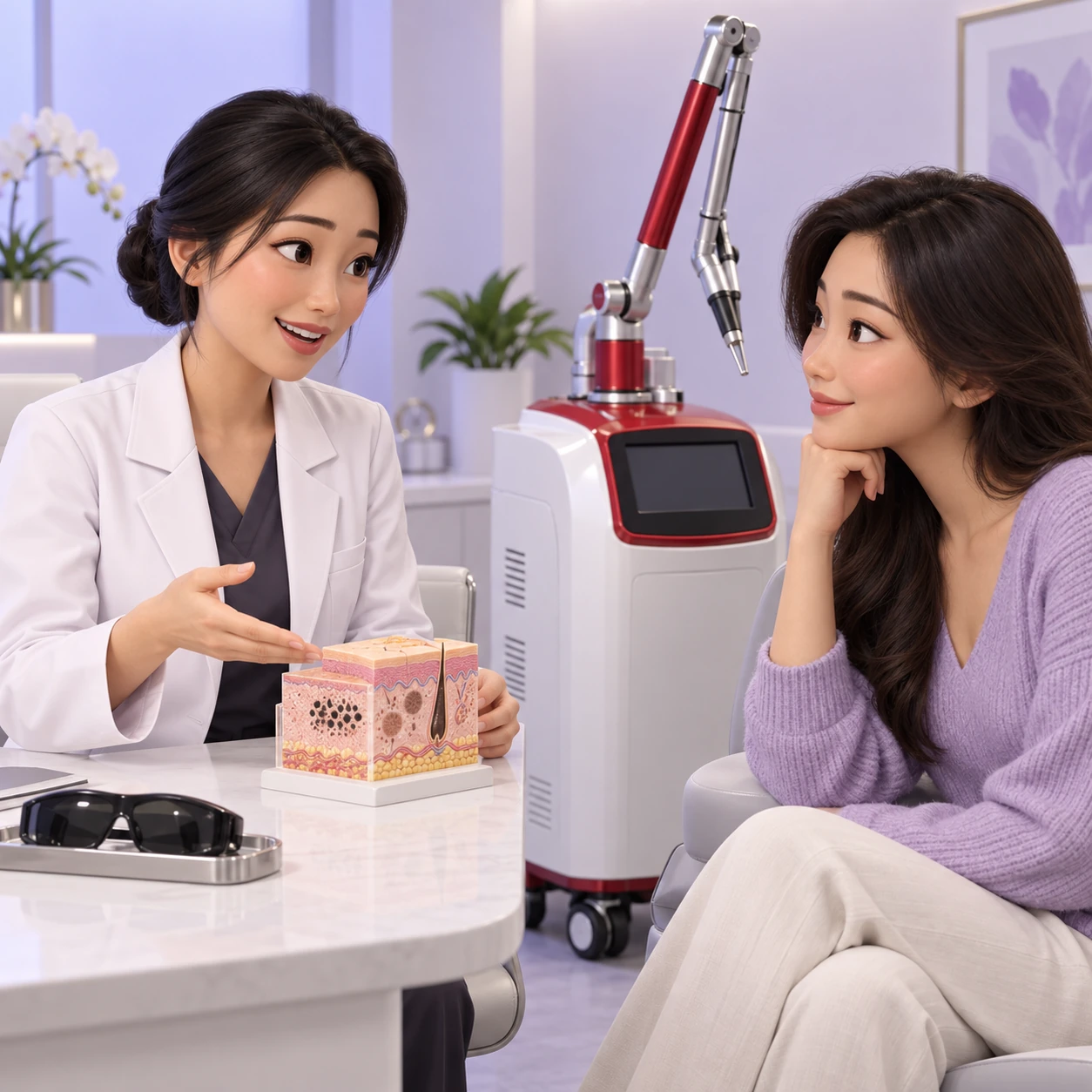 3D cartoon of an adult patient and clinician learning about Pico Laser