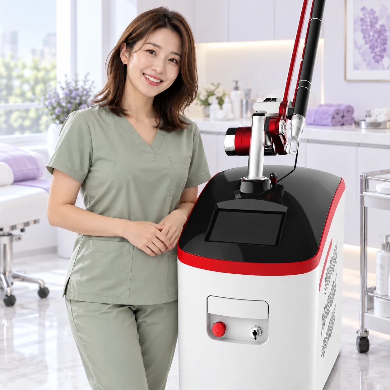 Adult model beside Pico Laser equipment