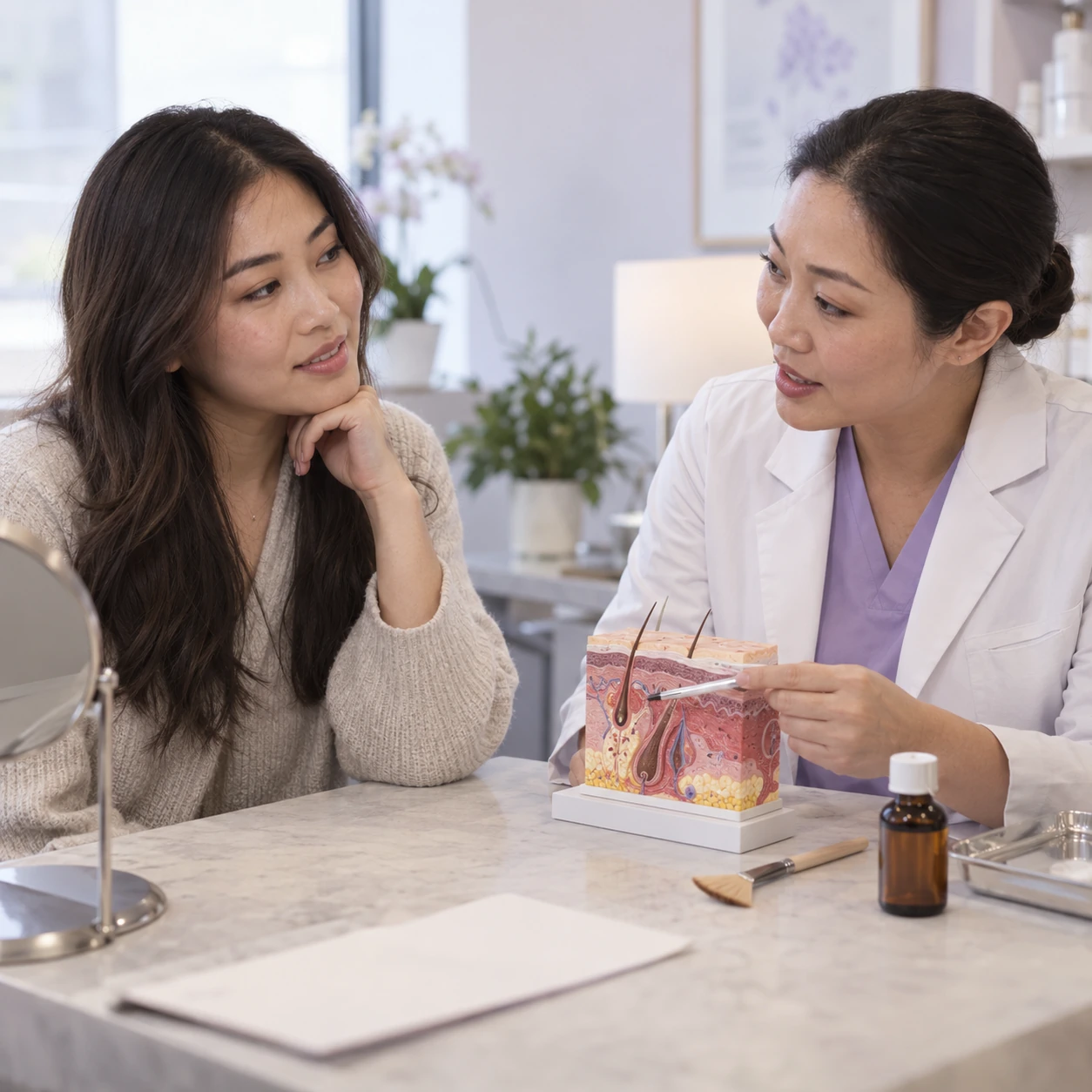 Adult patient discussing Salicylic Acid Chemical Peel consultation and follow-up at Eco Botanic