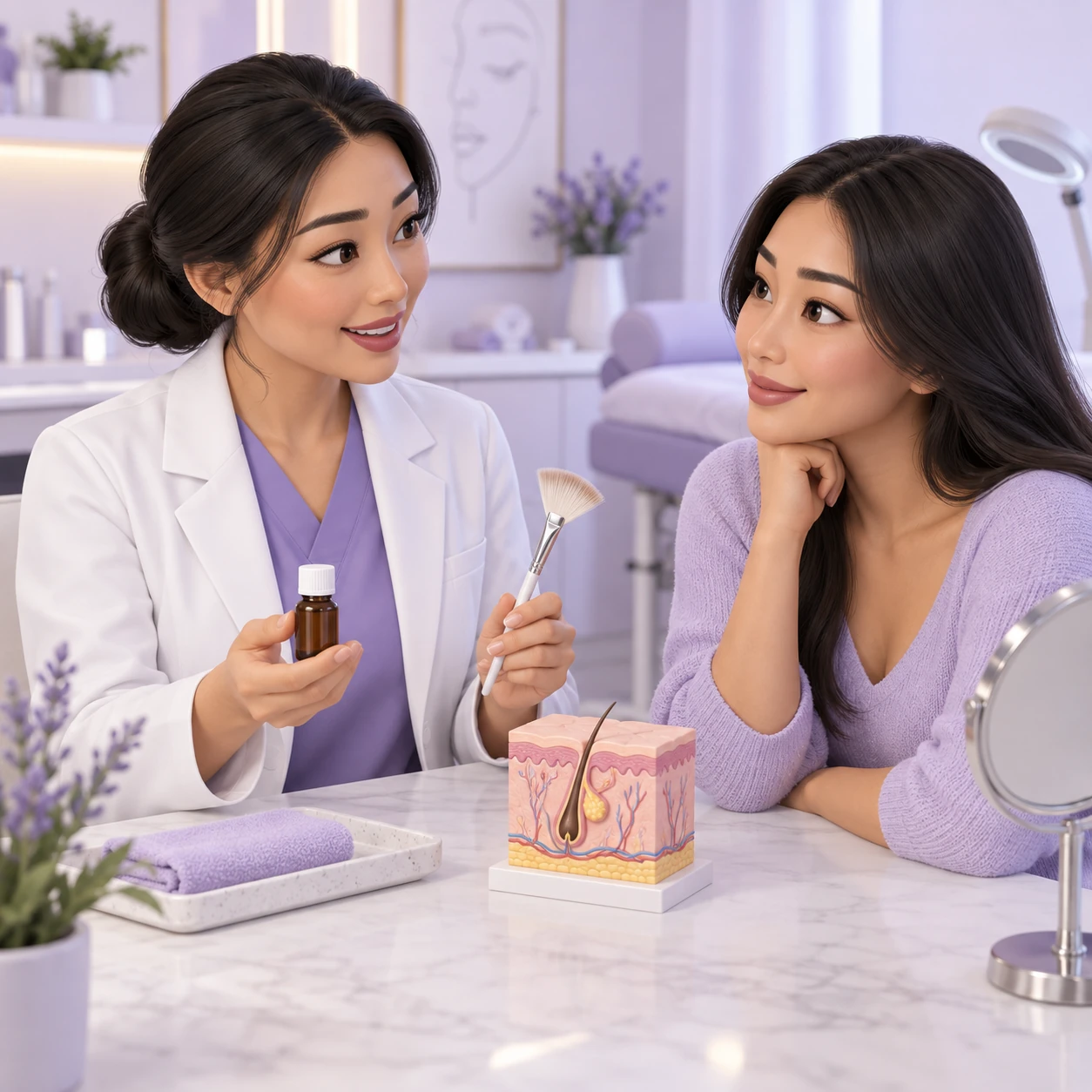 3D cartoon of an adult patient and clinician learning about Salicylic Acid Chemical Peel
