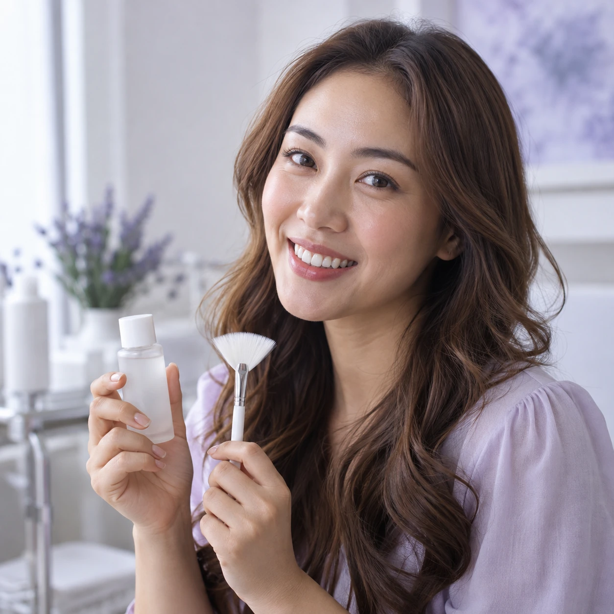 A different adult model holding a topical peel presentation