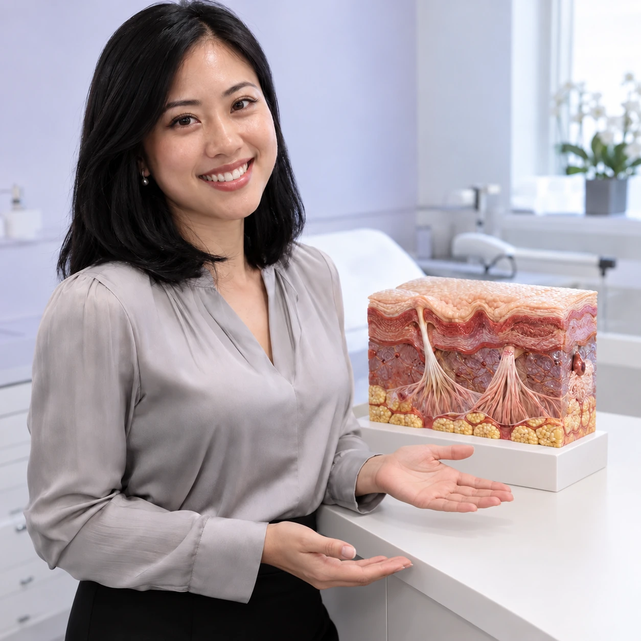 成人模特與皮膚解剖模型