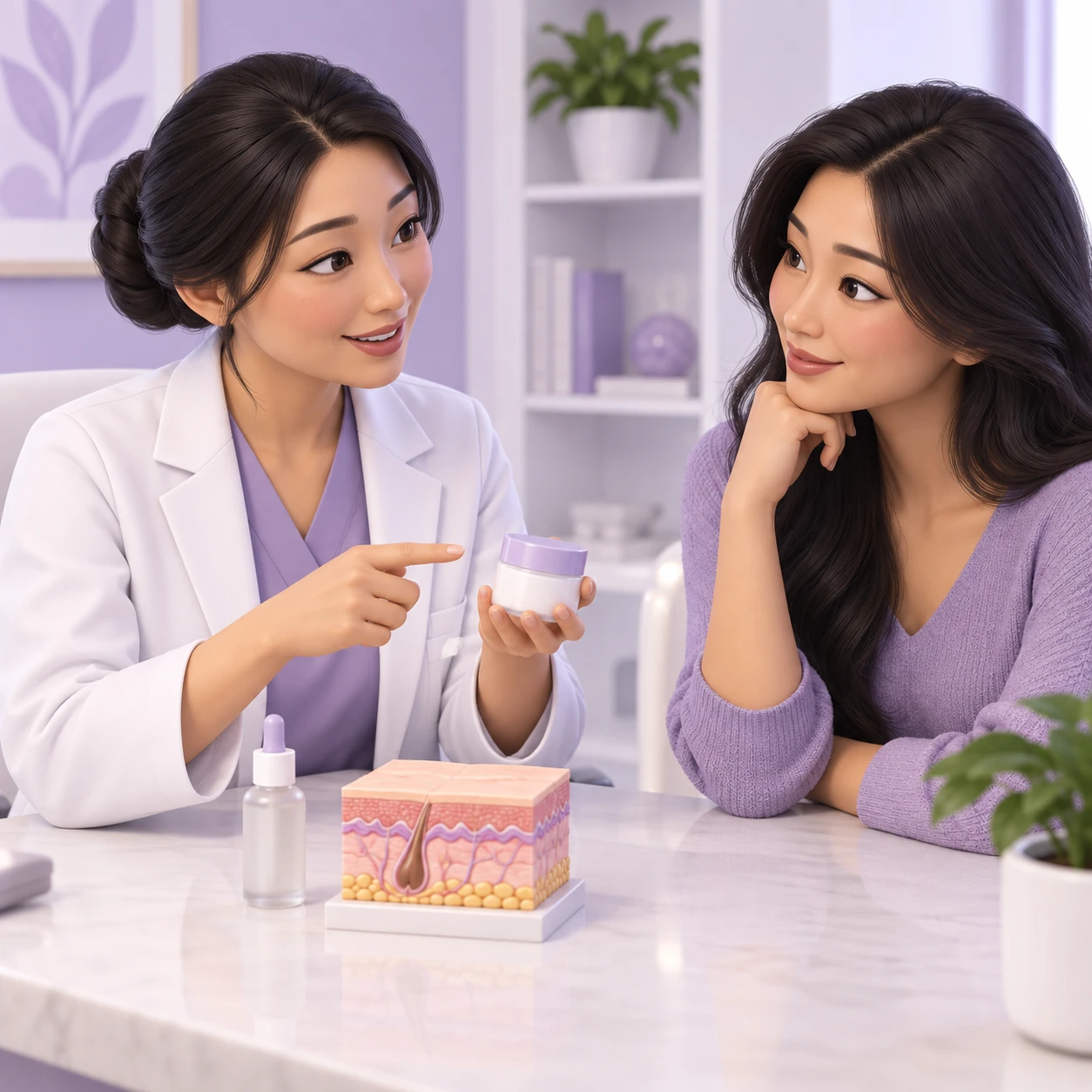 Ilustrasi 3D pelanggan dewasa dan doktor mempelajari Krim & Serum Topikal