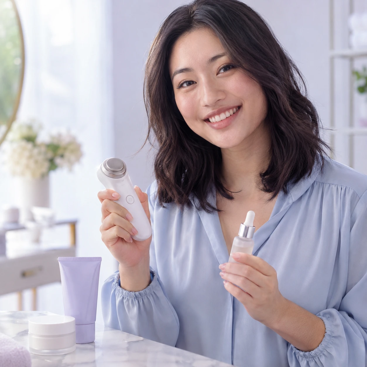 Model dewasa menunjukkan produk penjagaan kulit topikal