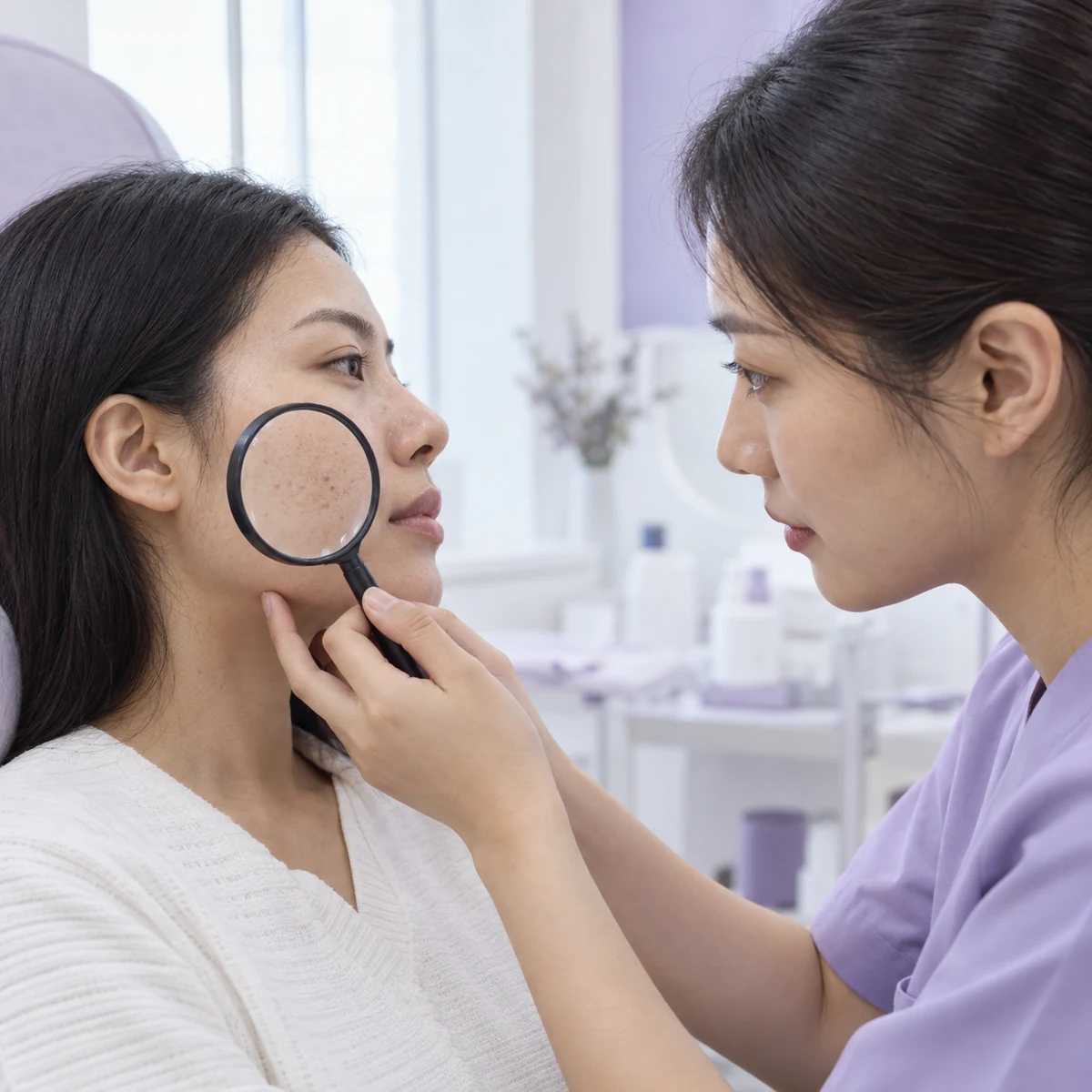 Clinician assessing assessing selected blocked pores in an adult patient