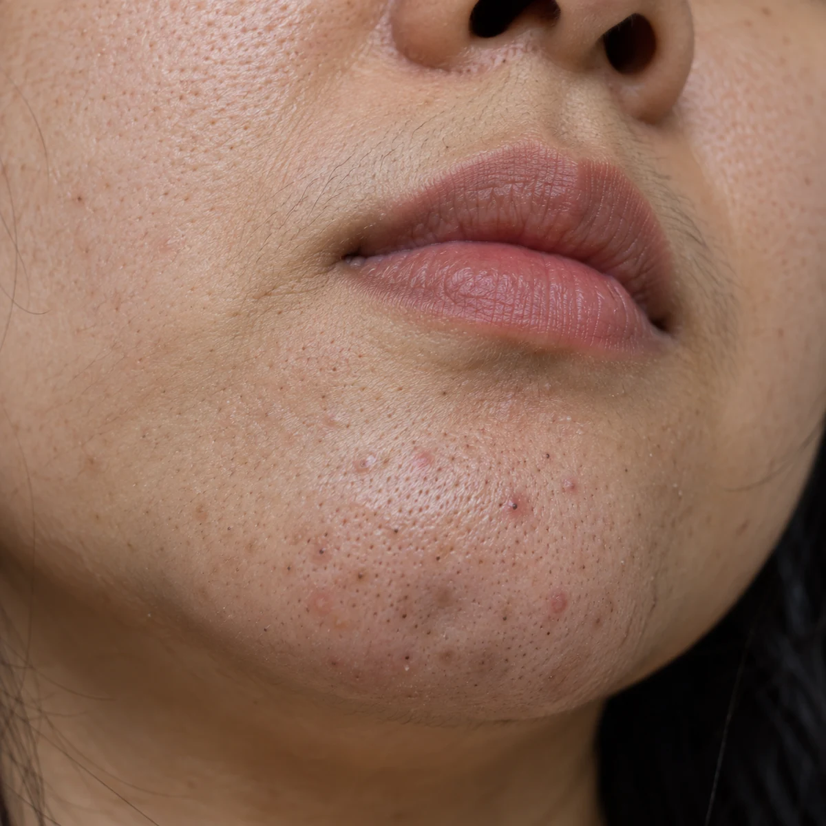 Close-up of blocked chin pores