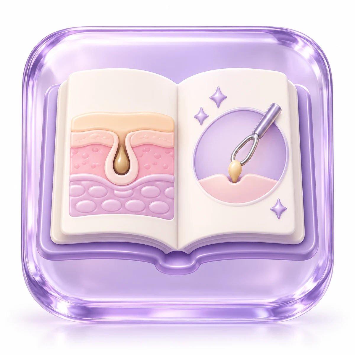 3D purple learning book with a skin motif for Extraction Treatment