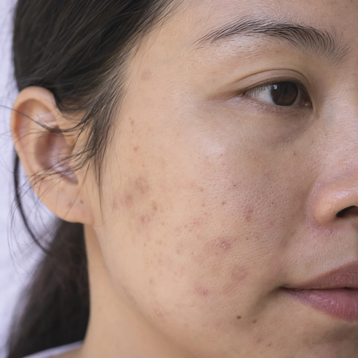 Close-up of post-acne marks